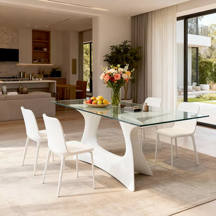 FRP Dining Set with Sculptural Base and Glass Top